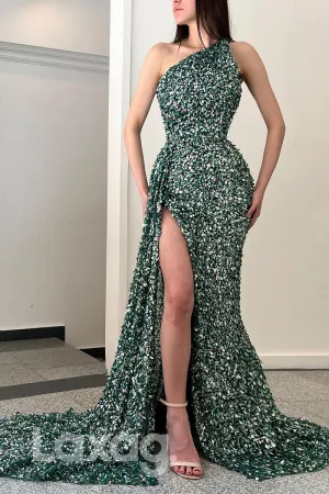 20706 - One Shoulder Sequins Thigh Slit Prom Dress Sweep Train