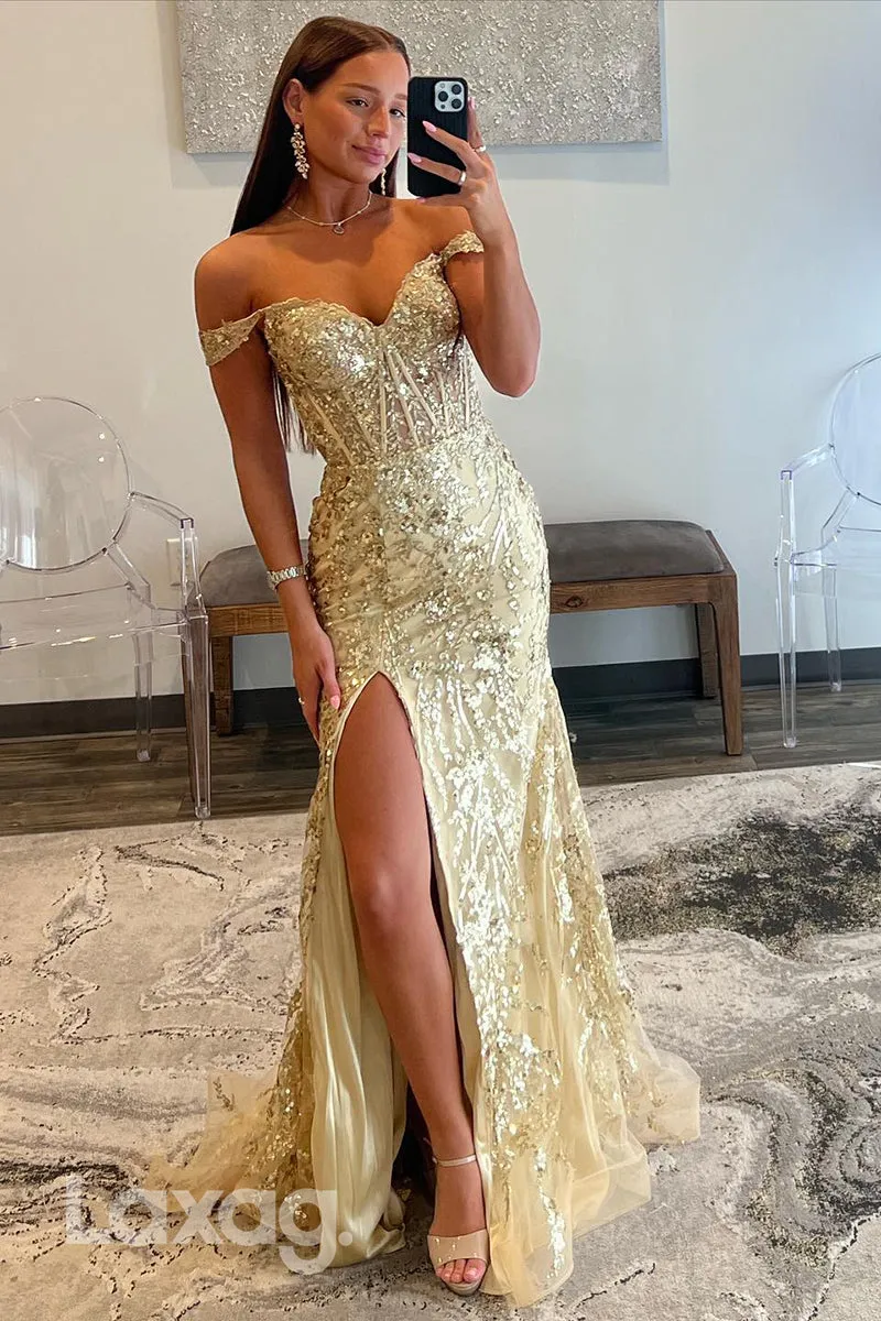 22267 - Off shoulder Sweetheart Fully Sequins Tulle Party Prom Formal Evening Dress with Slit