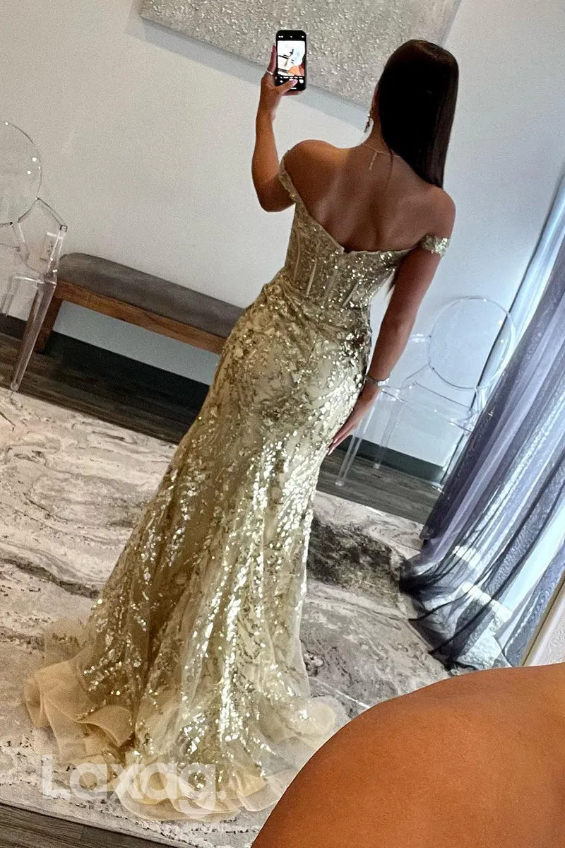 22267 - Off shoulder Sweetheart Fully Sequins Tulle Party Prom Formal Evening Dress with Slit