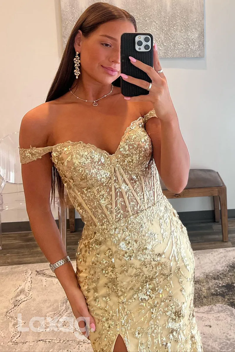 22267 - Off shoulder Sweetheart Fully Sequins Tulle Party Prom Formal Evening Dress with Slit