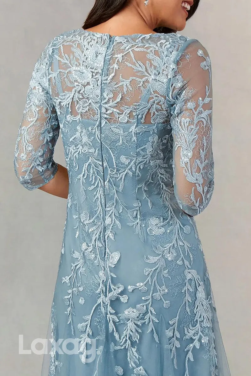 22494 - A-Line Boat Neck 3I4 Sleeves Appliques Tulle Mother of the Bride Dress