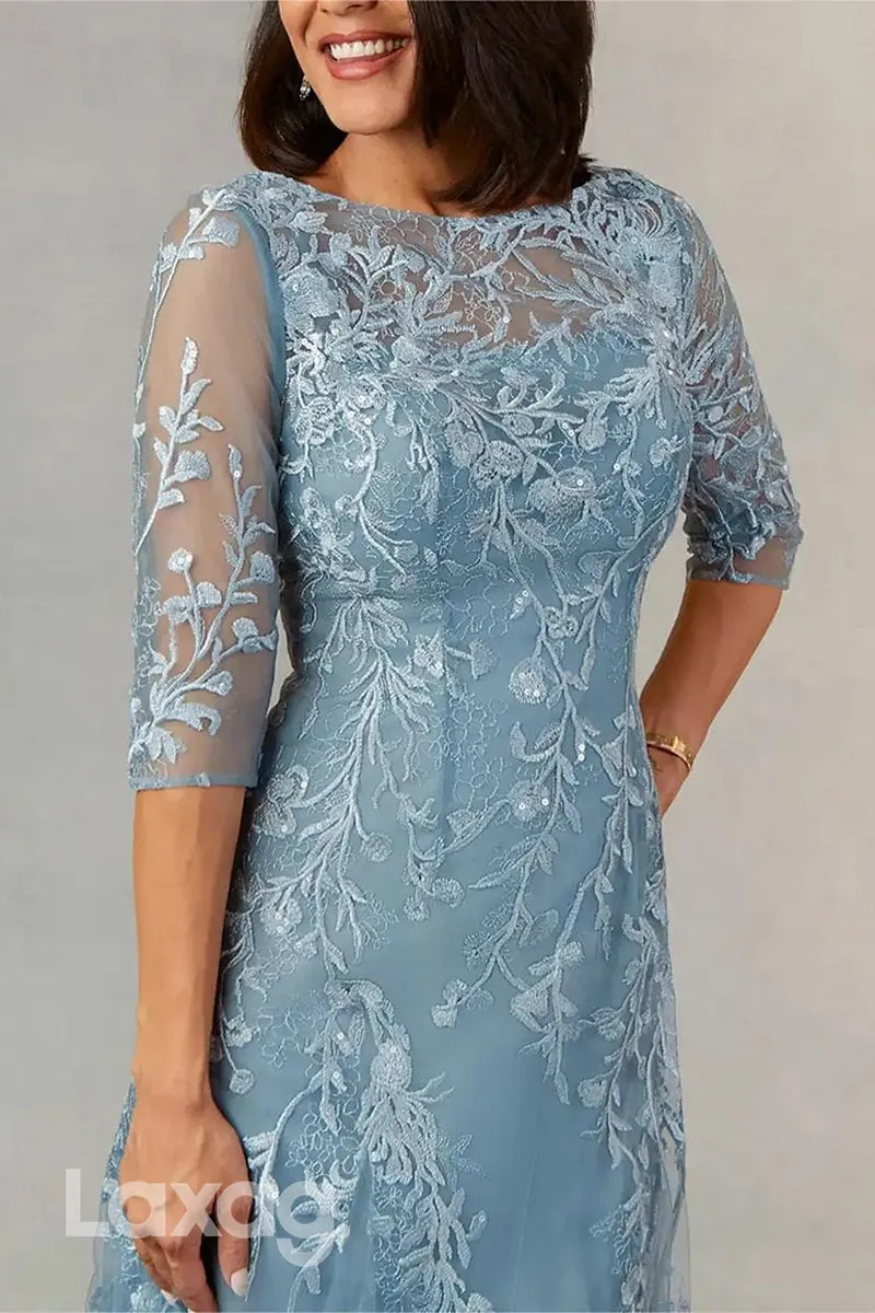 22494 - A-Line Boat Neck 3I4 Sleeves Appliques Tulle Mother of the Bride Dress