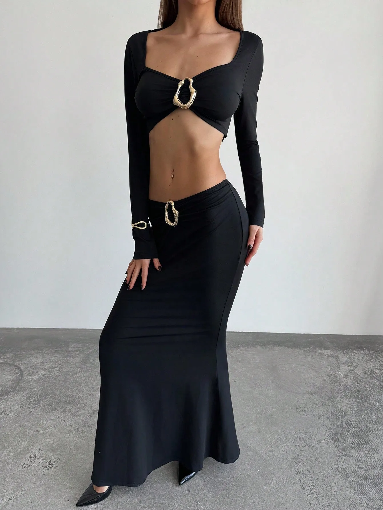 2pcs Women Metal Decor & Mermaid Tail Hem Skirt Set