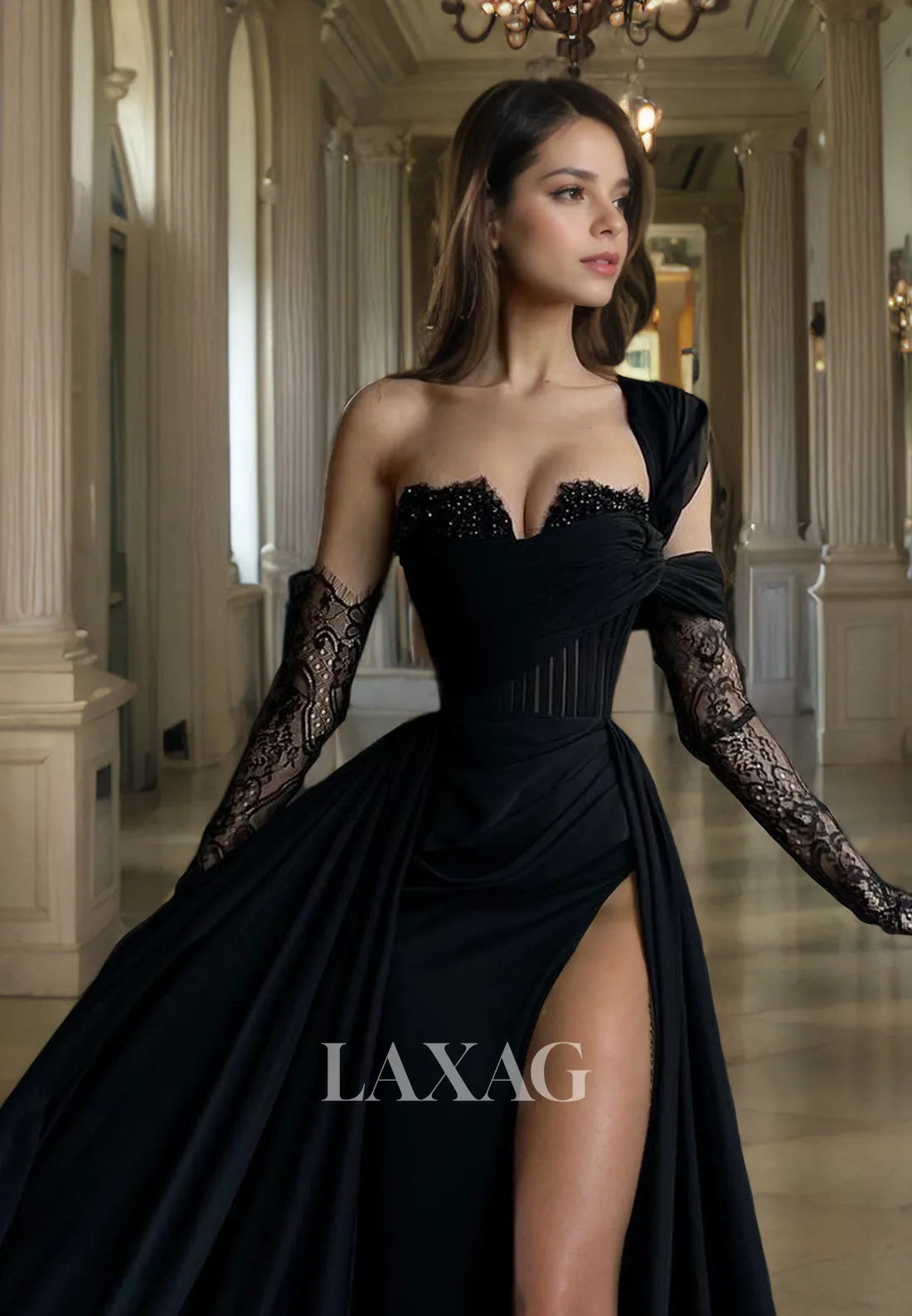 A-Line One-Shoulder Sequins Sleek Satin Prom Dress High Slit Party Formal Evening Dress