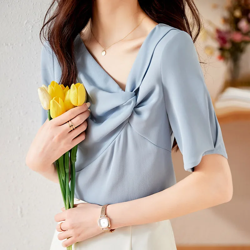 Asymmetric V-Neck Knot Elegant Satin Pullover