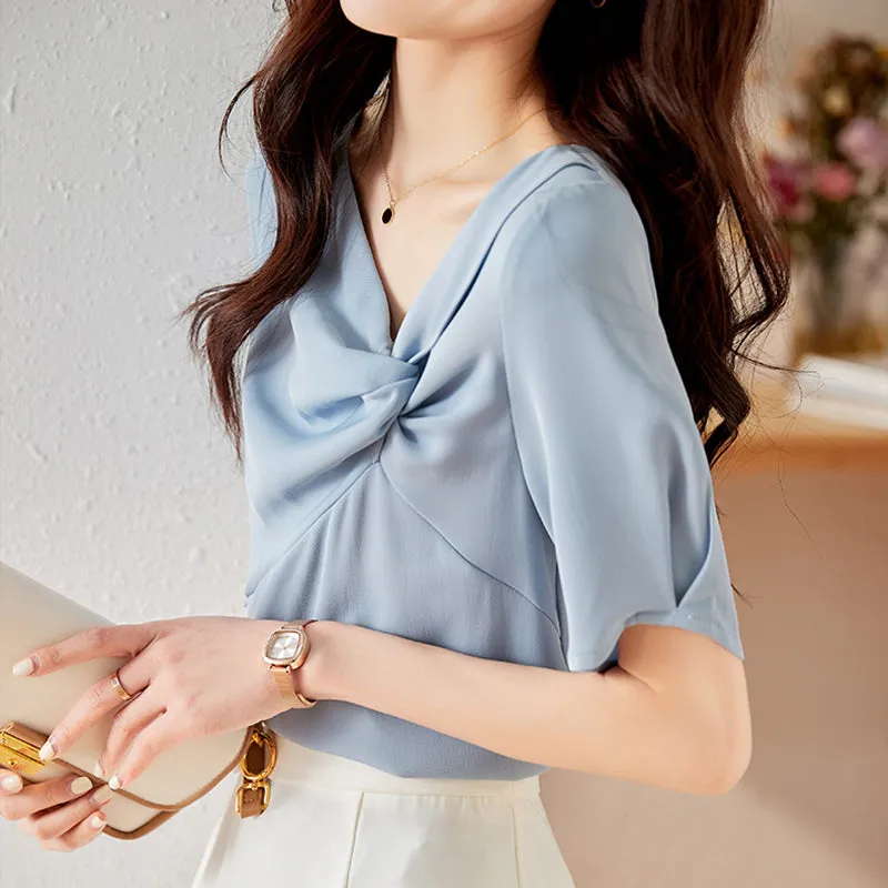 Asymmetric V-Neck Knot Elegant Satin Pullover