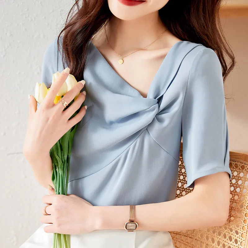 Asymmetric V-Neck Knot Elegant Satin Pullover
