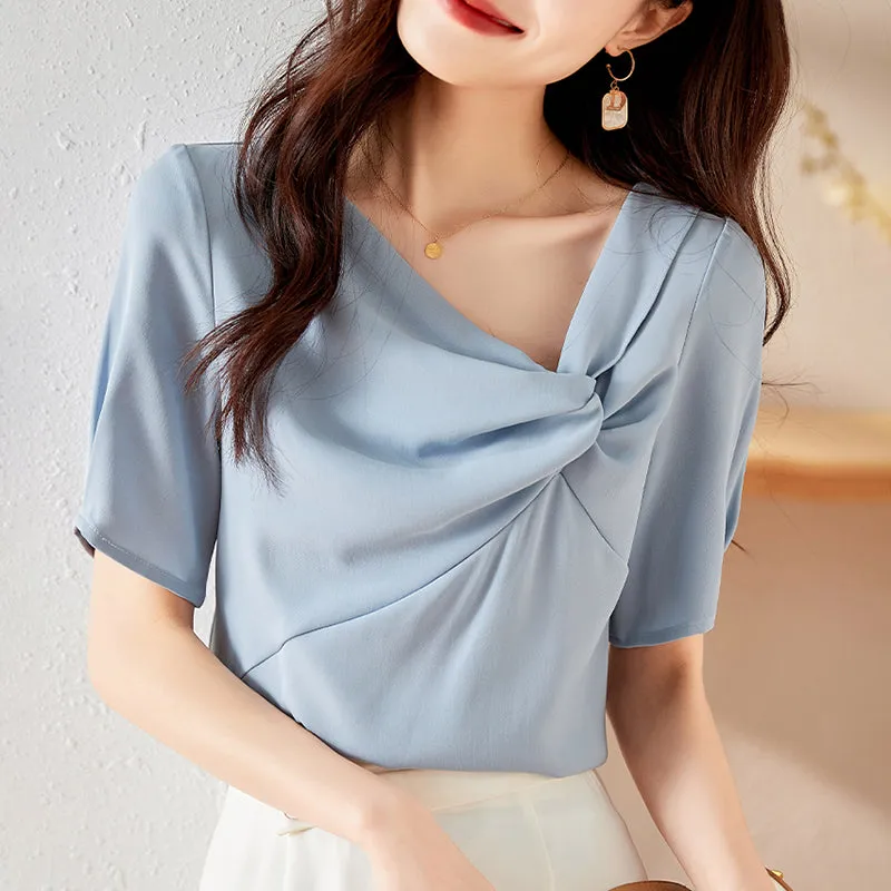 Asymmetric V-Neck Knot Elegant Satin Pullover