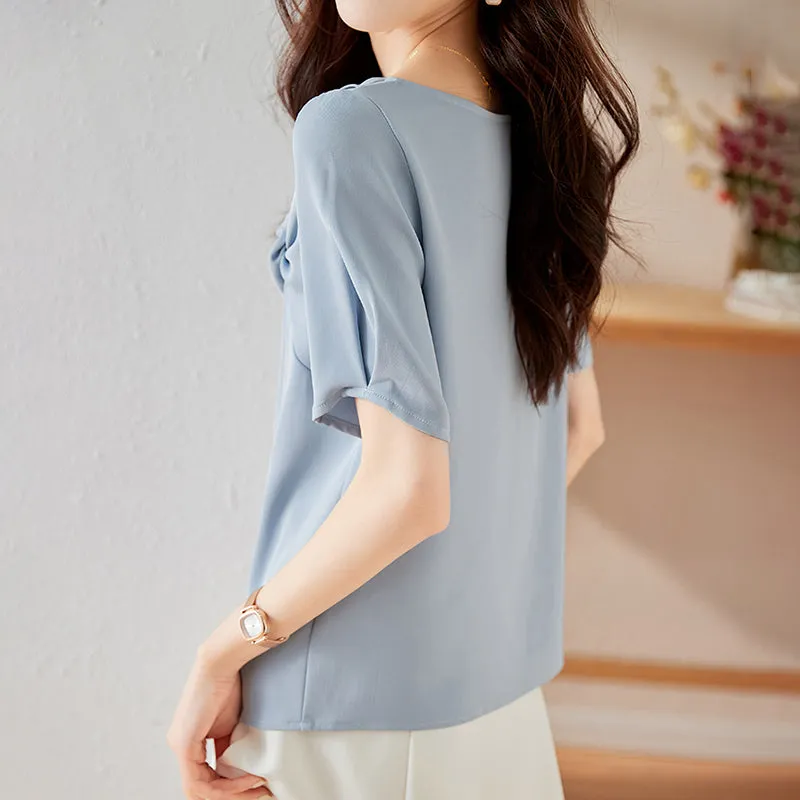 Asymmetric V-Neck Knot Elegant Satin Pullover