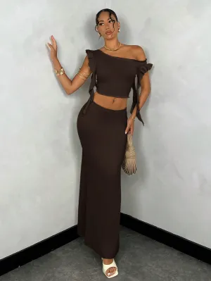 BAE Summer Solid Color Asymmetrical Neck Ruffle Top   Satin Mermaid Skirt