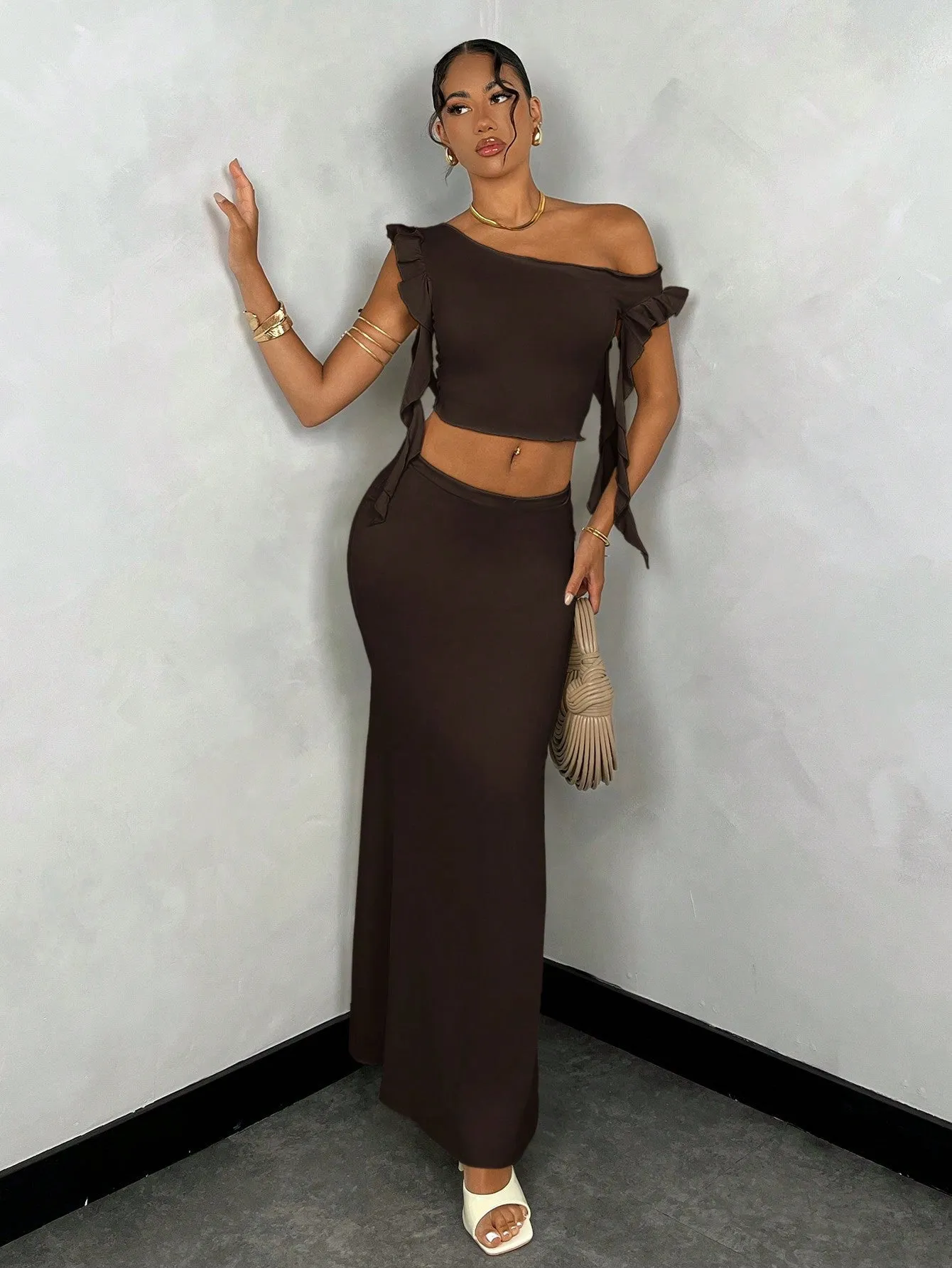 BAE Summer Solid Color Asymmetrical Neck Ruffle Top   Satin Mermaid Skirt