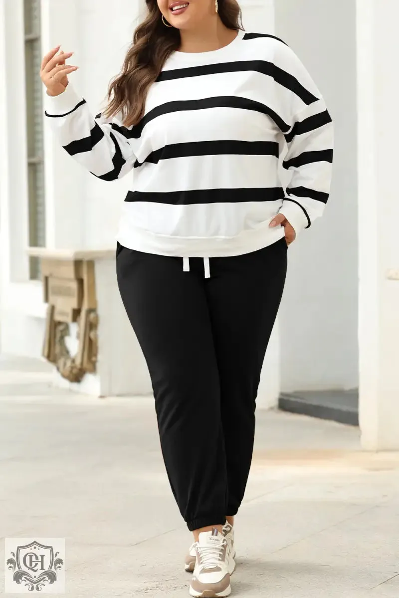 Black Stripe Drop Shoulder Pullover and Jogger Pants Set