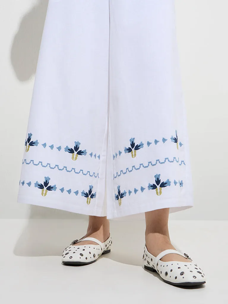 Bombay Paisley Ivory Floral Embroidered Cotton-Blend Pants