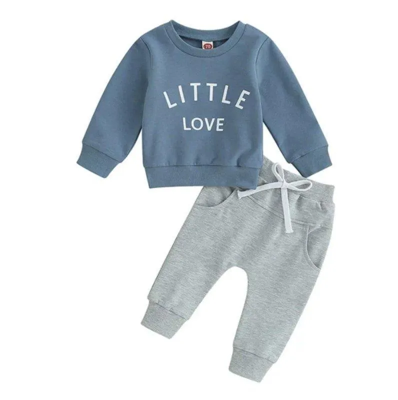Boy's Long Sleeve Crewneck Top and Jogger Outfit Set - Blue Little Love