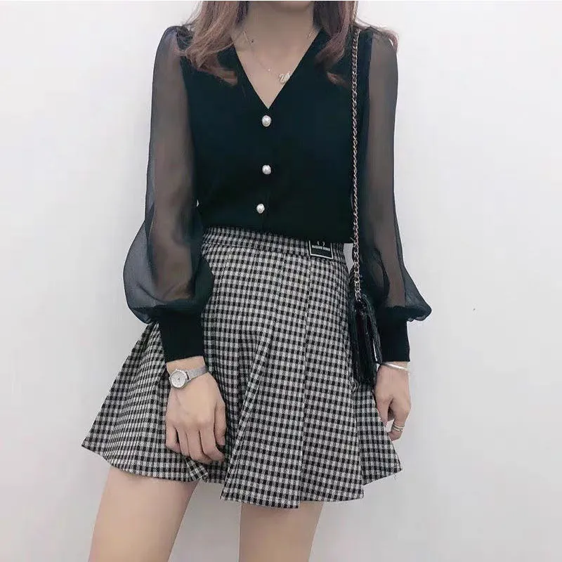 Buckle Tulle Lantern Sleeve Elegant Shirt