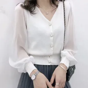 Buckle Tulle Lantern Sleeve Elegant Shirt