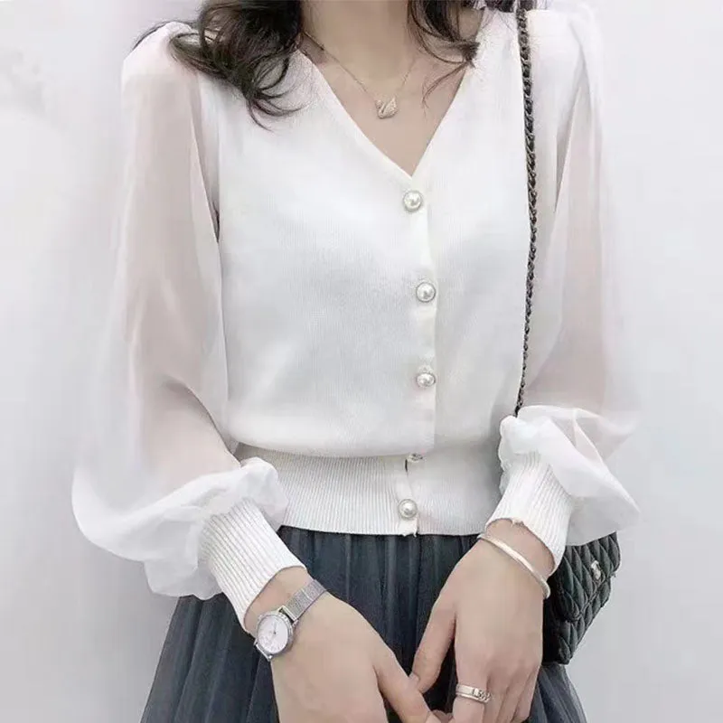 Buckle Tulle Lantern Sleeve Elegant Shirt