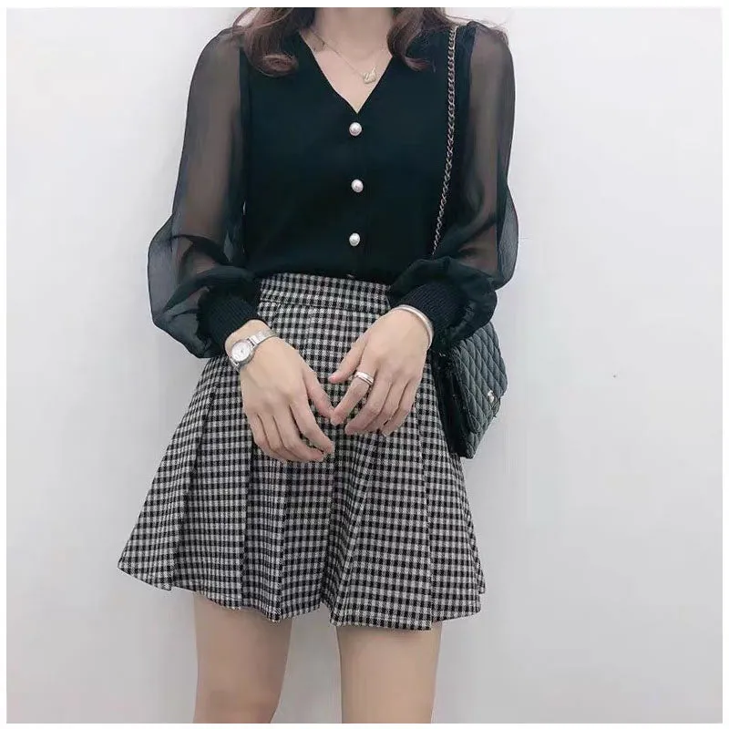 Buckle Tulle Lantern Sleeve Elegant Shirt