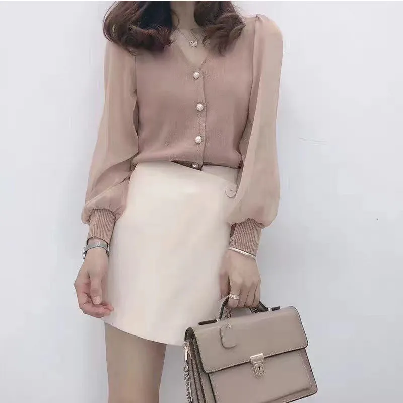 Buckle Tulle Lantern Sleeve Elegant Shirt