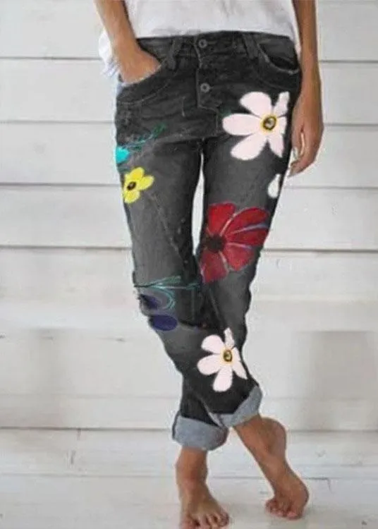 Casual Flower Print Denim Pants
