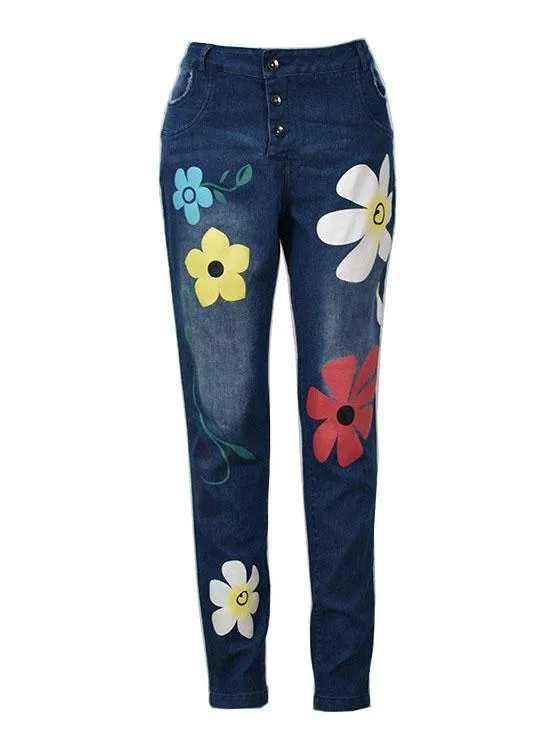 Casual Flower Print Denim Pants