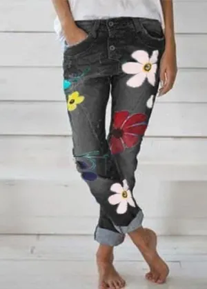 Casual Flower Print Denim Pants