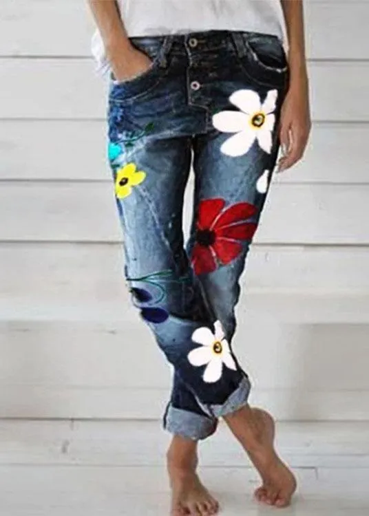 Casual Flower Print Denim Pants