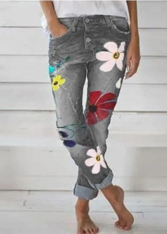 Casual Flower Print Denim Pants