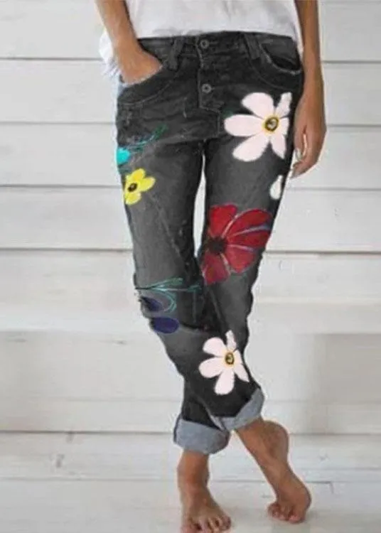Casual Flower Print Denim Pants