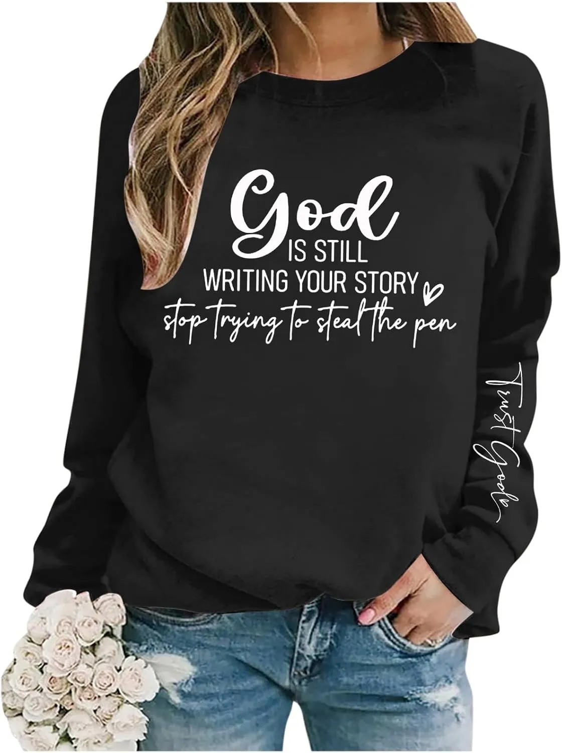 Christian Sweatshirts For Women God Is Still Writing Your Story Letter Graphic Crewneck Long Sleeve Sweatshirt