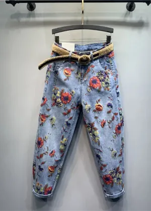 Classy Light Blue Floral Patchwork Zippered Jeans Fall ML0727