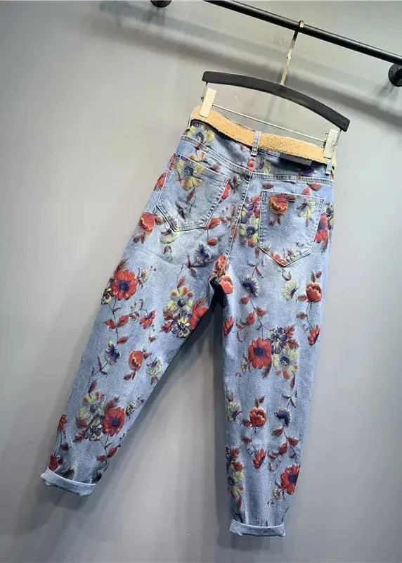 Classy Light Blue Floral Patchwork Zippered Jeans Fall ML0727