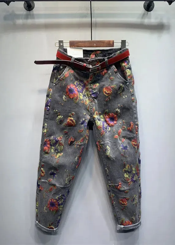 Classy Light Blue Floral Patchwork Zippered Jeans Fall ML0727