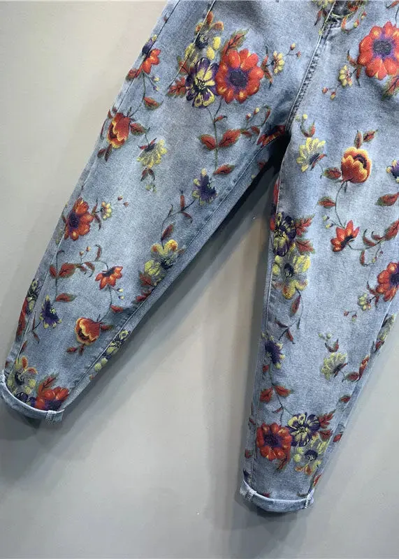 Classy Light Blue Floral Patchwork Zippered Jeans Fall ML0727