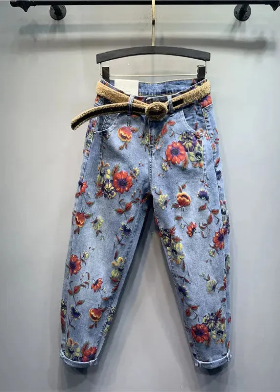 Classy Light Blue Floral Patchwork Zippered Jeans Fall ML0727