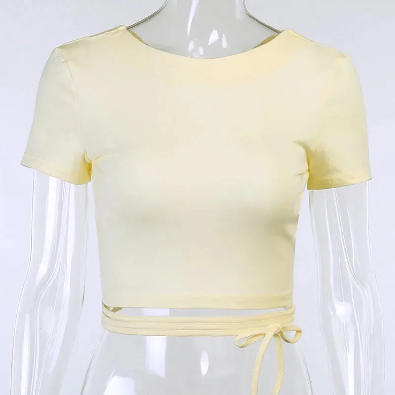 Cotton Lace Up Cross Backless Bodycon Club Party Elegant Short Sleeve Tee