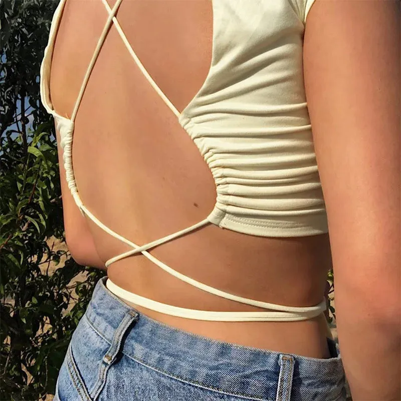 Cotton Lace Up Cross Backless Bodycon Club Party Elegant Short Sleeve Tee