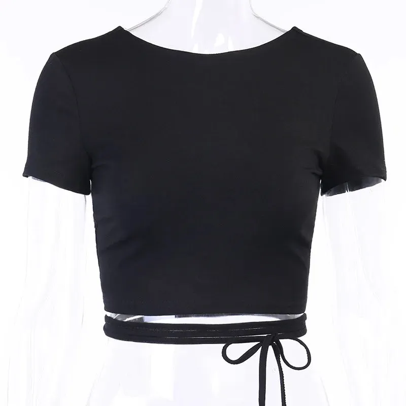 Cotton Lace Up Cross Backless Bodycon Club Party Elegant Short Sleeve Tee