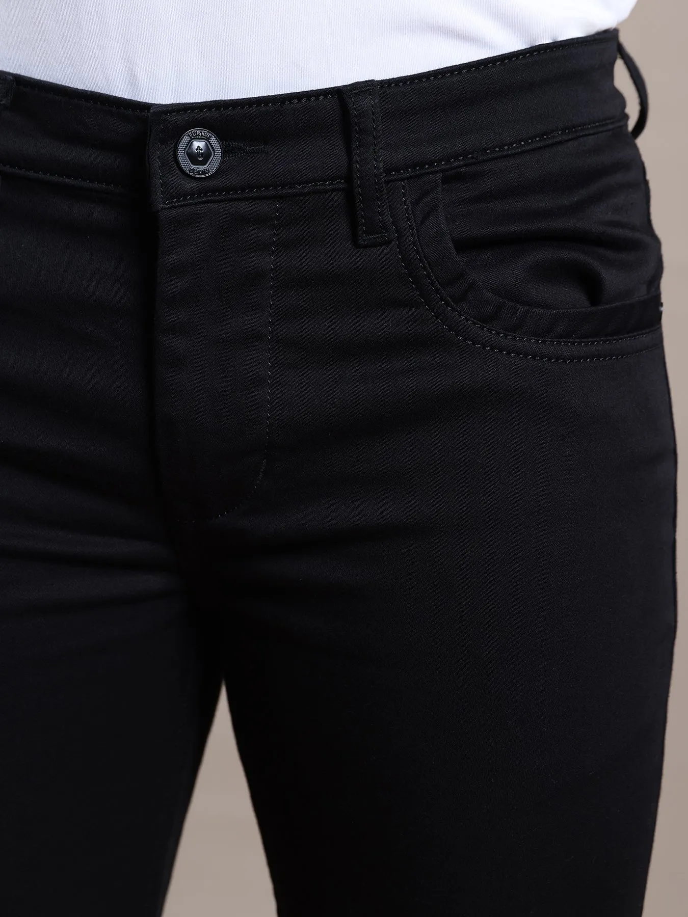 Cotton Stretch Black Plain Narrow Fit Flat Front Casual Jeans