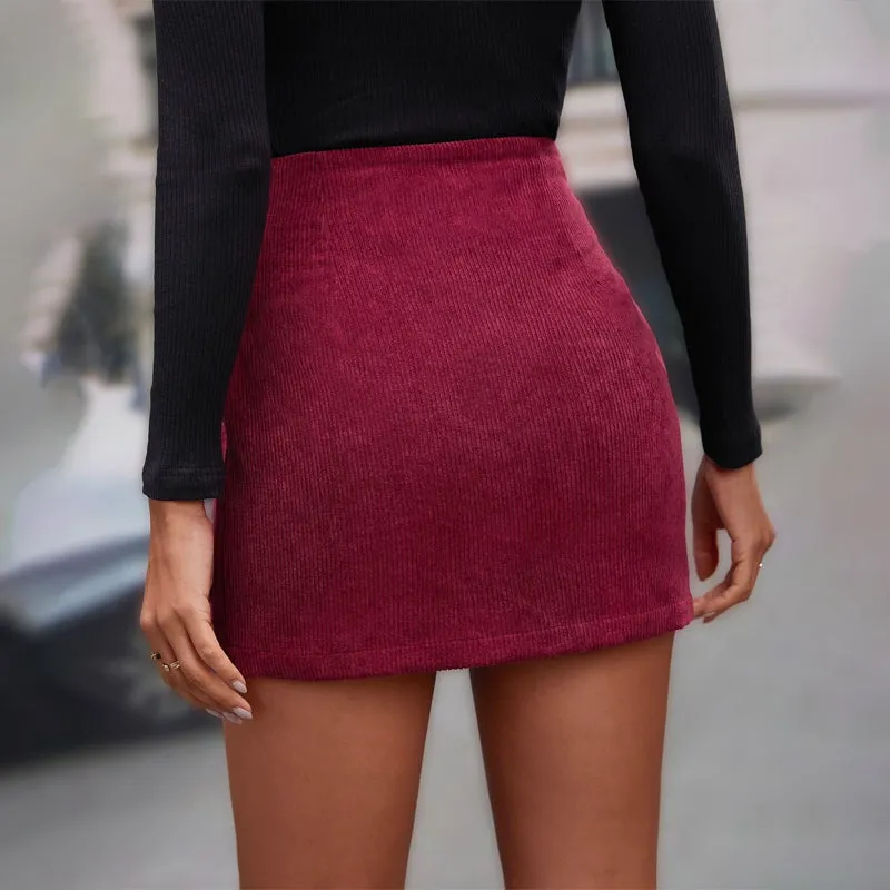Dual Pocket Button Front Corduroy Skirt