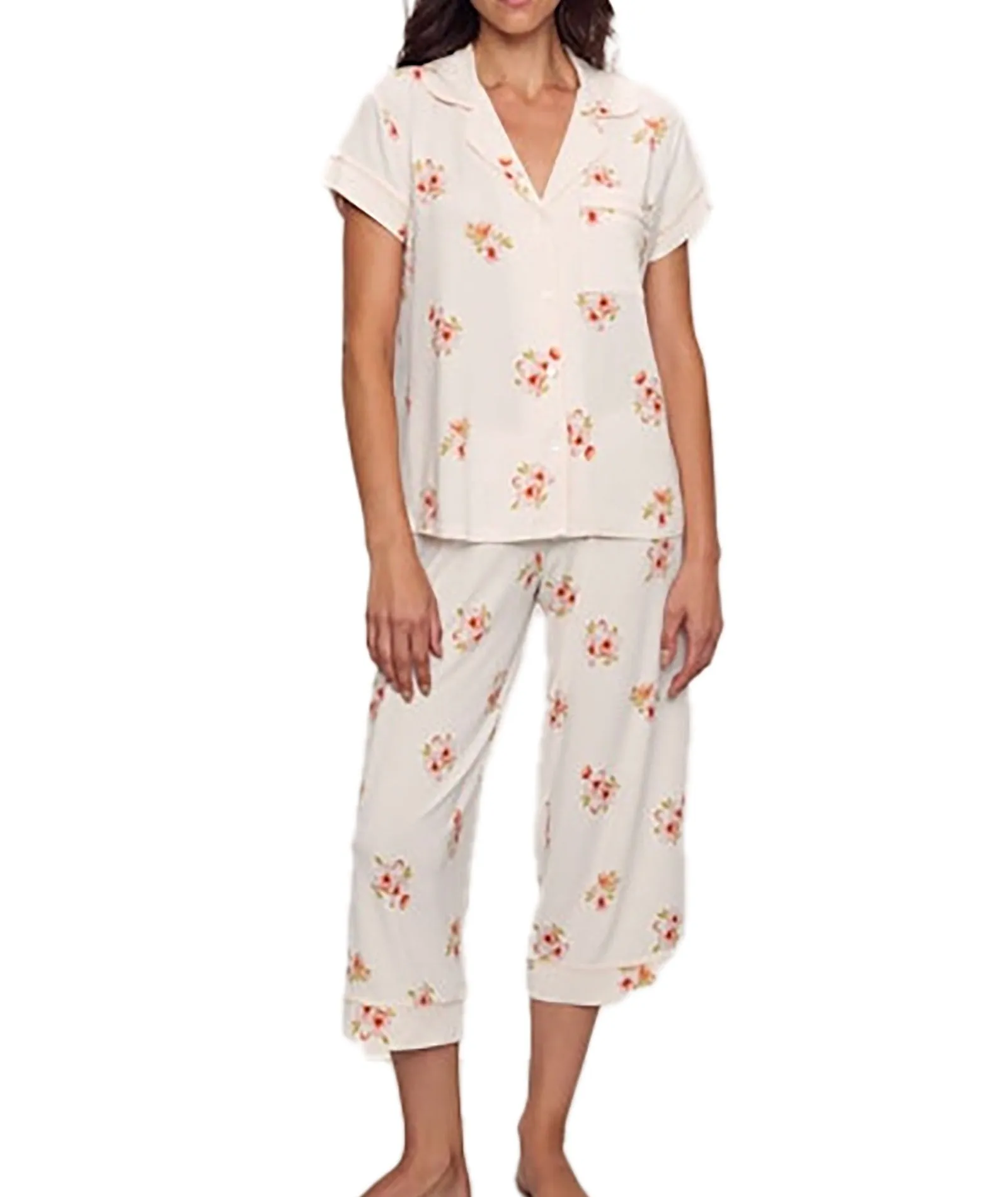 Eberjey Women Gisele Short Sleeve Crop Pants PJ Set Floral Bloom/Vanilla