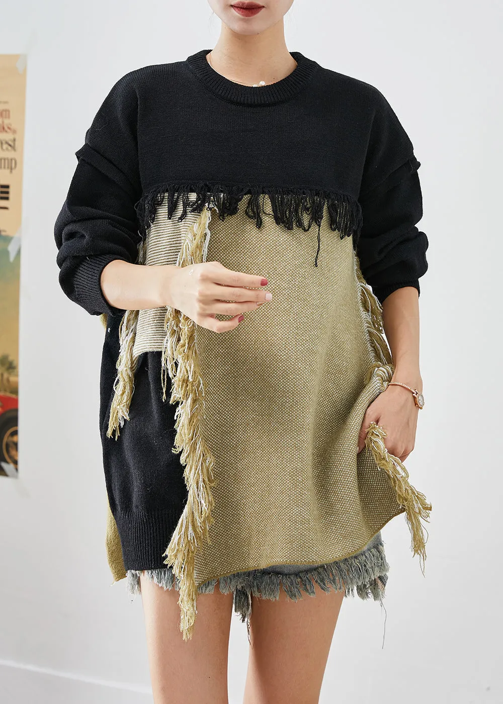 Elegant Colorblock Tasseled Patchwork Knitted Tops Fall LY9282