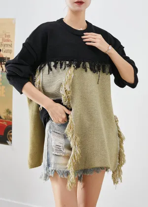 Elegant Colorblock Tasseled Patchwork Knitted Tops Fall LY9282