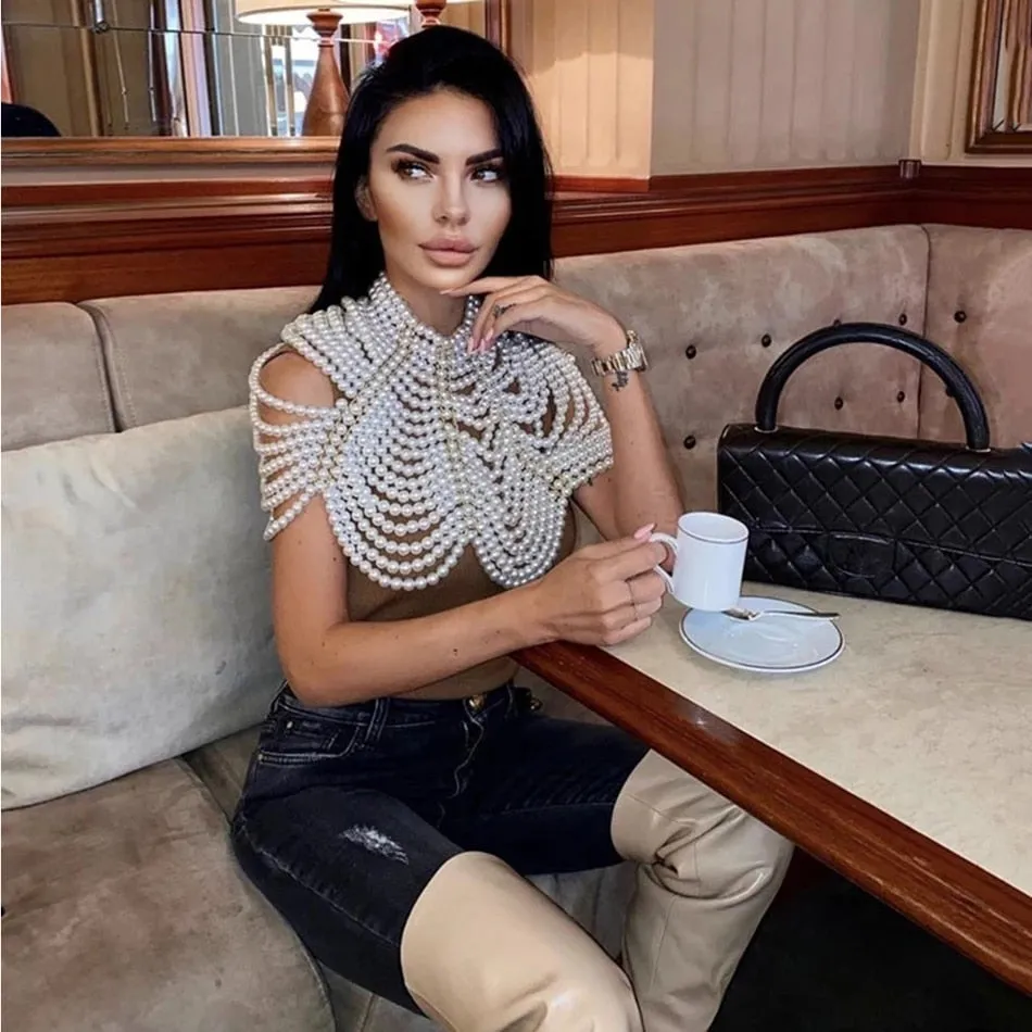 Elegant O-neck Pearl Handmade Shawl Top Celebrity Party Runway Fashion Accessory
