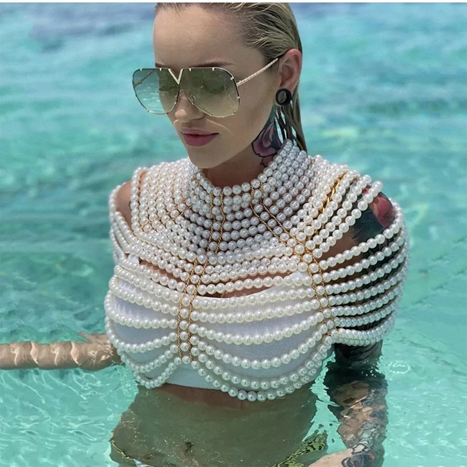 Elegant O-neck Pearl Handmade Shawl Top Celebrity Party Runway Fashion Accessory