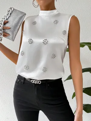 Elegant Sleeveless Shirt With Rhinestones