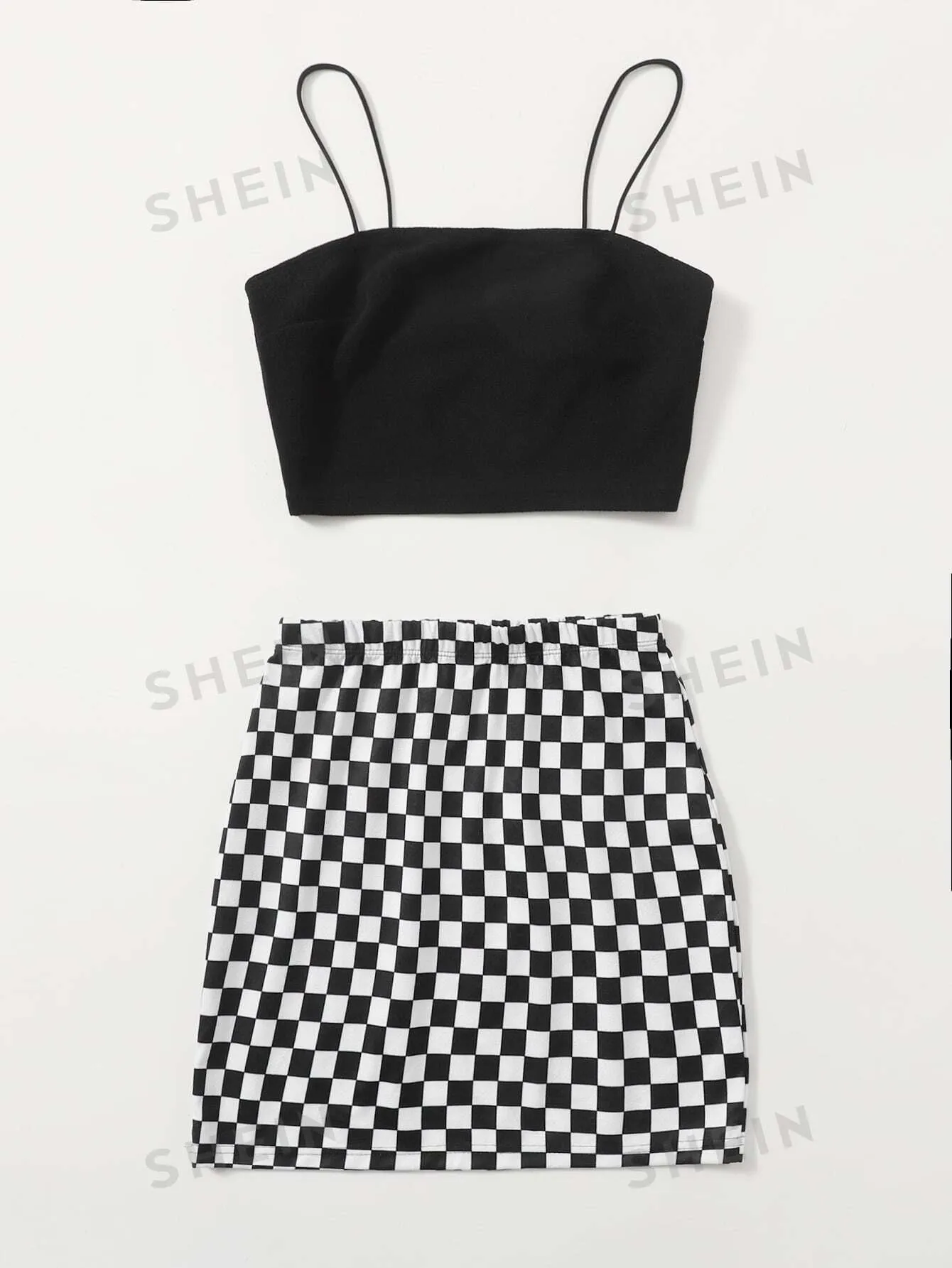 Essnce Solid Crop Cami Top & Checked Print Skirt