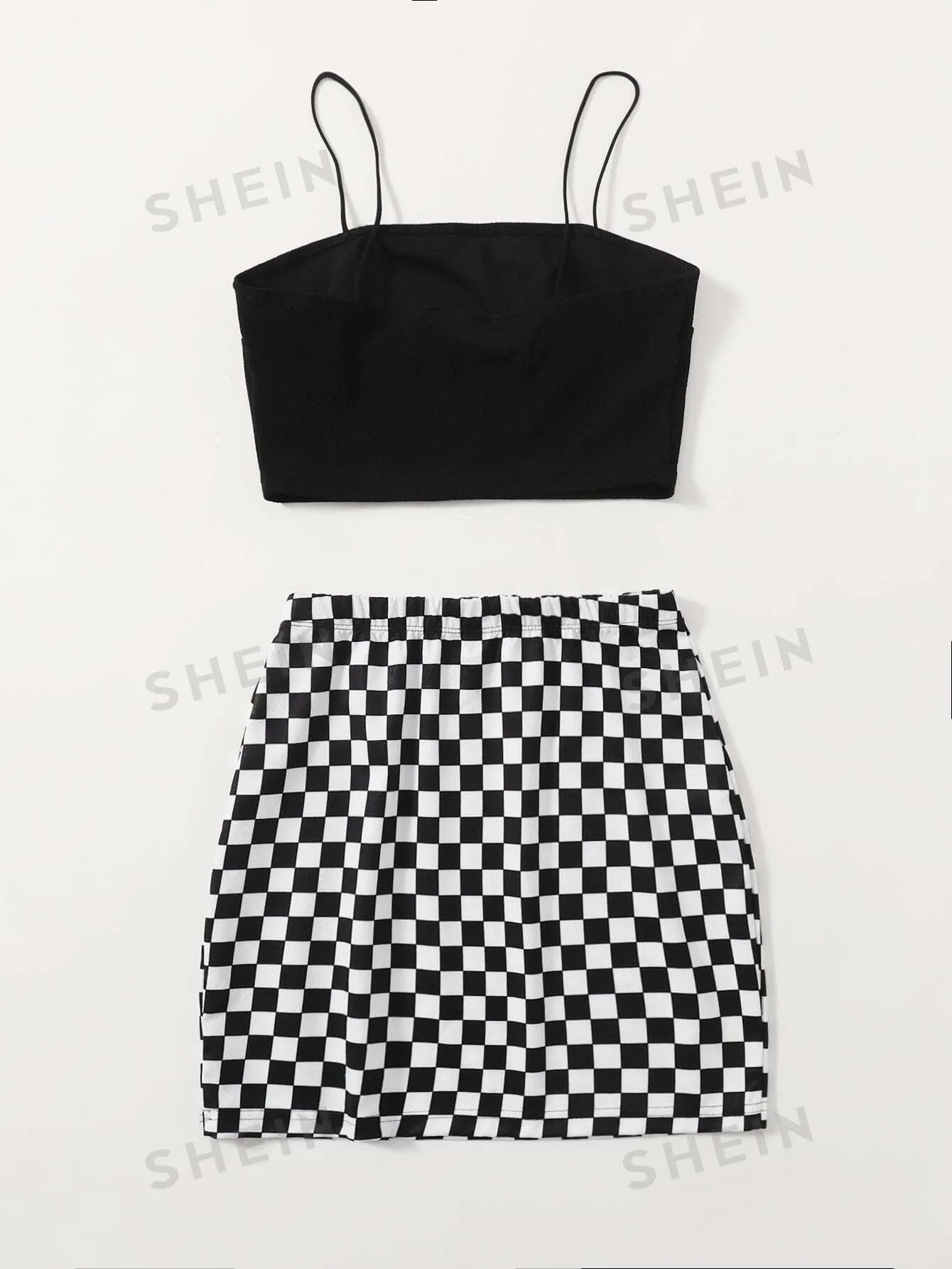 Essnce Solid Crop Cami Top & Checked Print Skirt