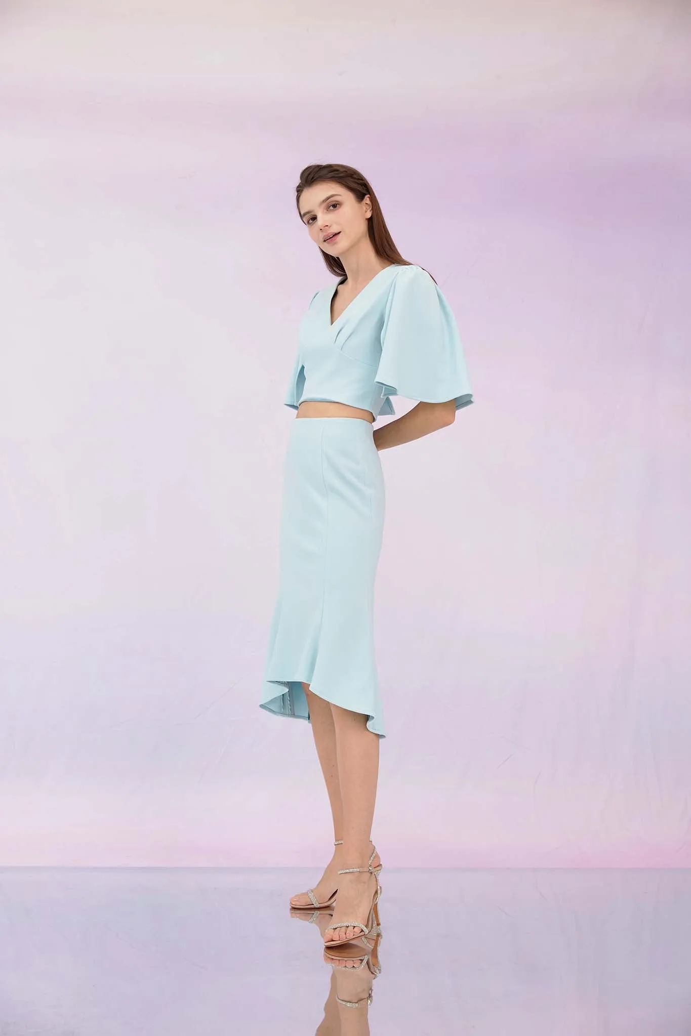 Glenne Blue High-Low Midi Skirt
