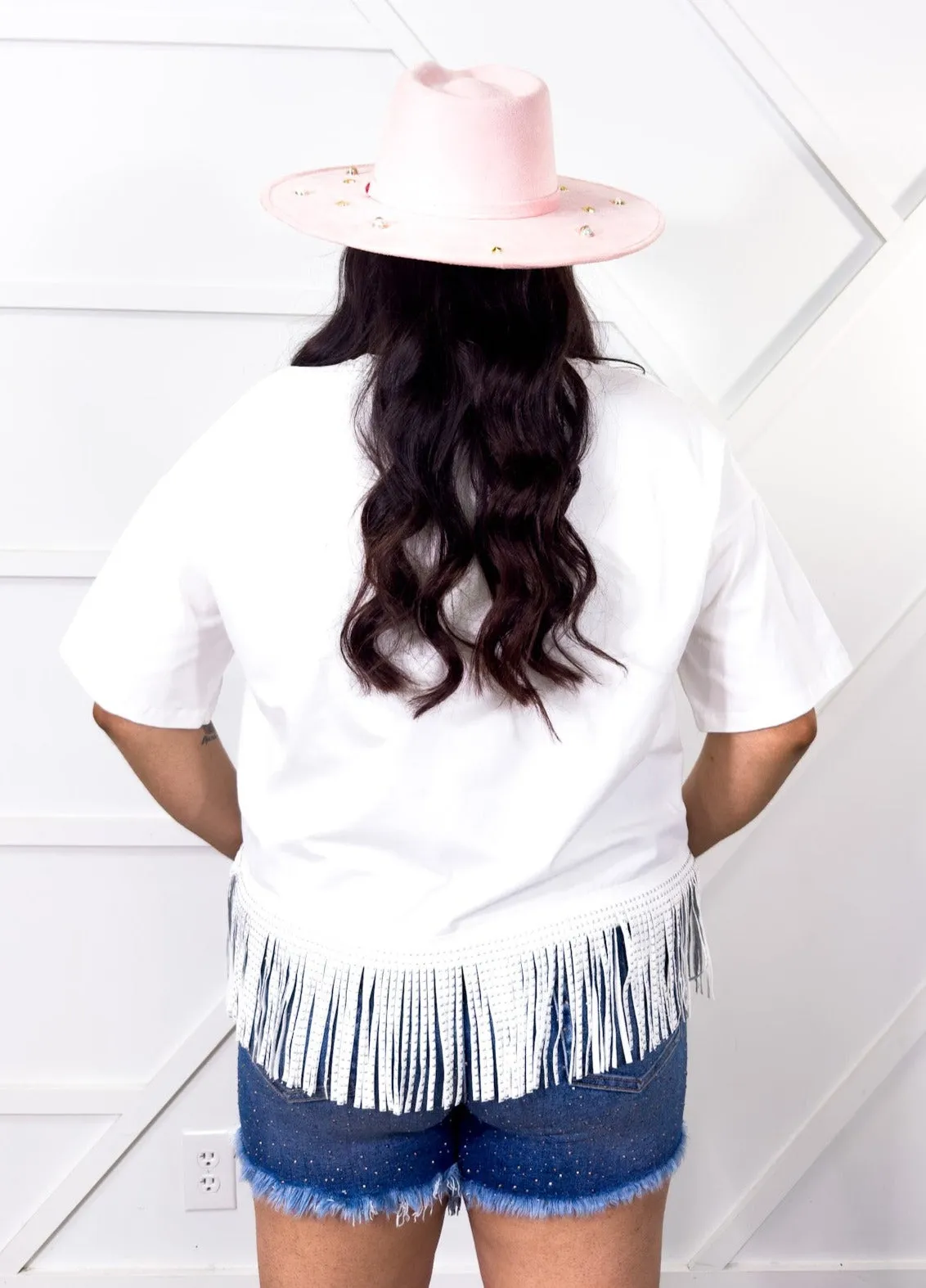 Glitter Stars on  Studded Fringe Crop Top, White